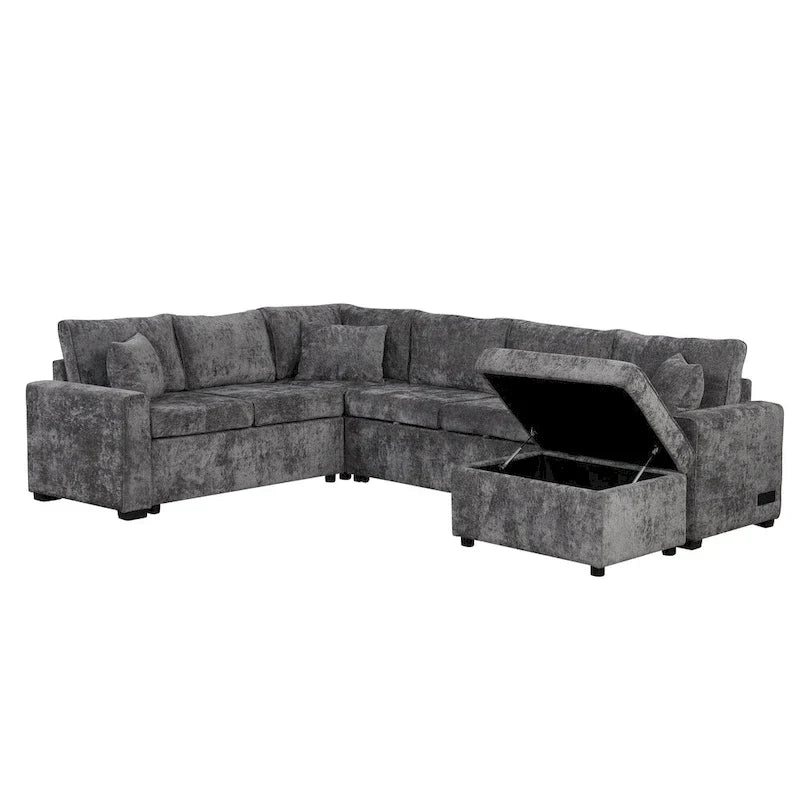 Canapé d'angle en chenille convertible, canapé-lit en forme de L avec pouf de rangement, 3 oreillers et dispositifs de charge