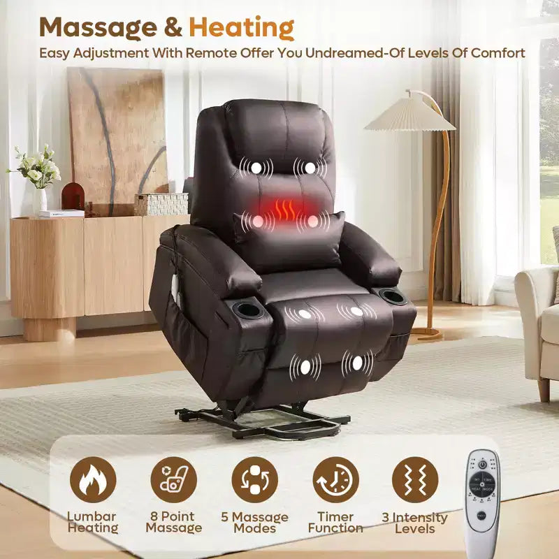 Fauteuil inclinable électrique Bestier de 88 cm avec fonction de levage, massage et chauffage, en similicuir, avec poches latérales et porte-gobelets