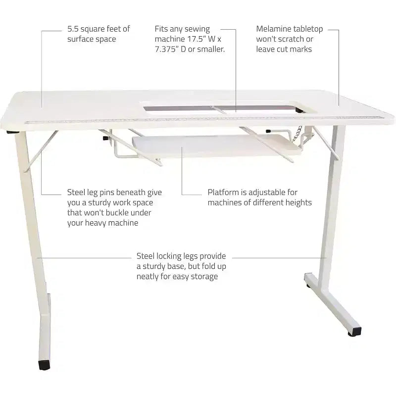 SewingRite SewStation 101 Table de couture pliante portable avec pieds en acier, blanc – Parfaite pour la maison, le bureau et les entreprises