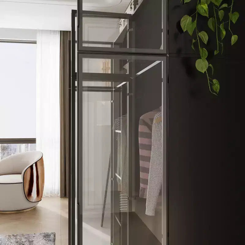 Armoire de luxe Hitow Pure Black avec portes en verre trempé, armoire LED 3 couleurs, organisateur de placard de chambre du sol au plafond, placard de dressing