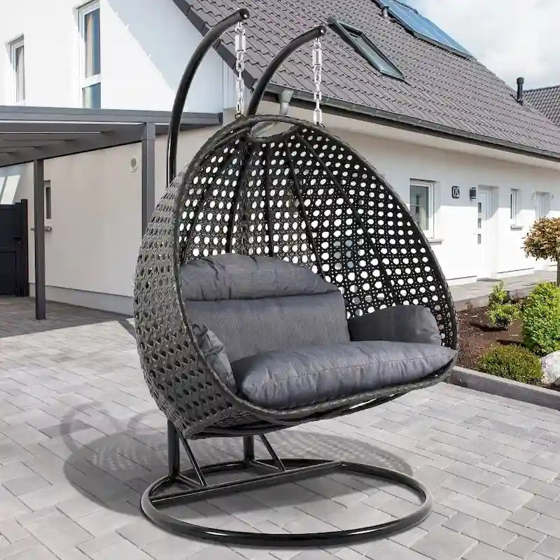 Fauteuil suspendu en forme d'œuf avec support métallique, cadre en osier et coussin – Beige / Bleu anthracite / Blanc / Bleu / Blanc antique / Marron / Toile, 2 places