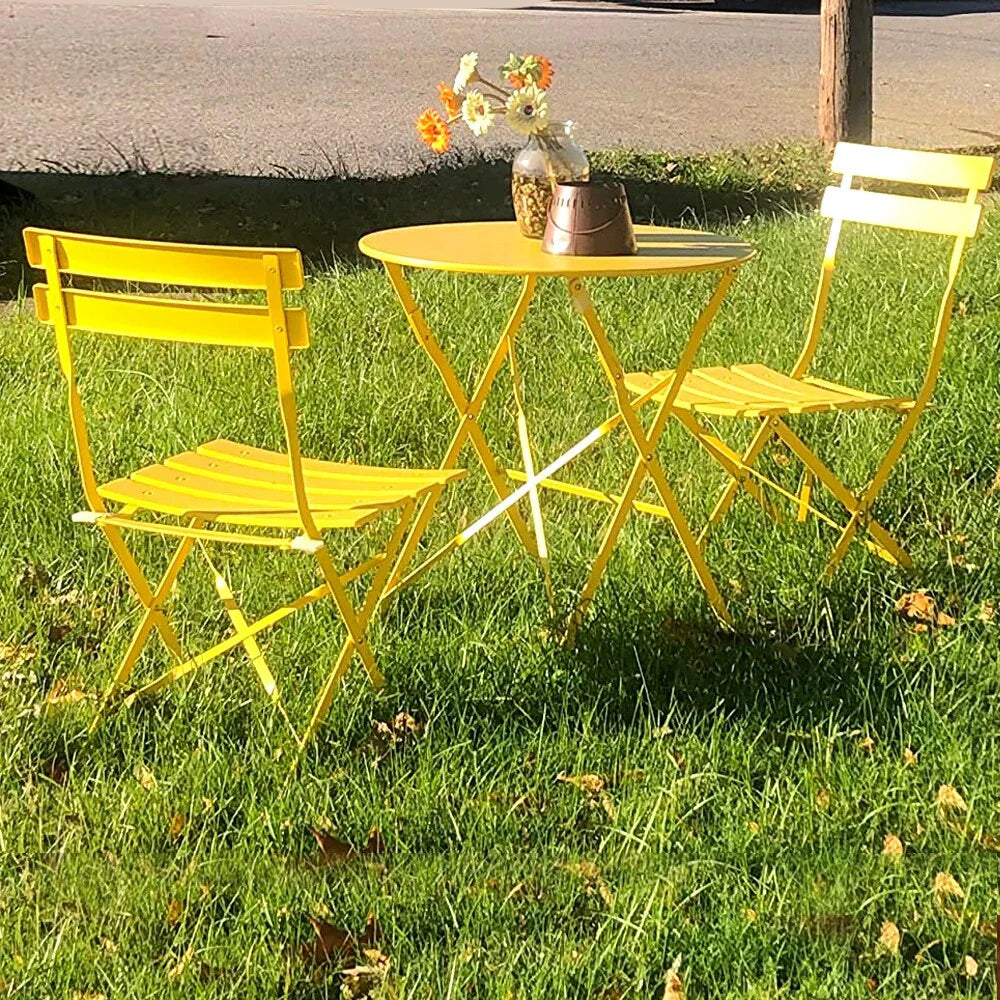 Ensemble bistrot pliant en métal 3 pièces, salon de conversation intérieur/extérieur résistant aux intempéries pour patio, cour, jardin