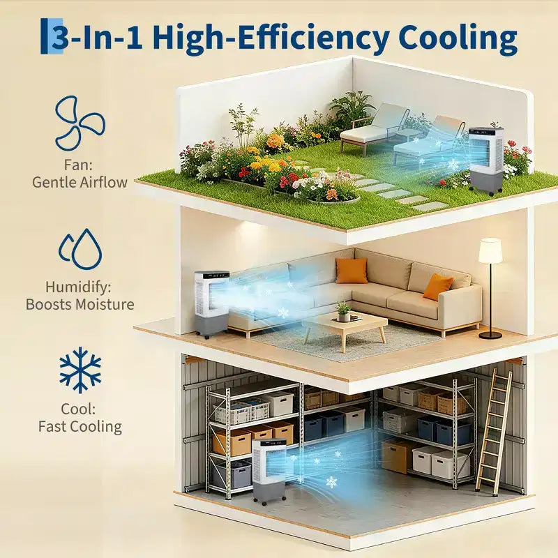 Refroidisseur d'air évaporatif avec réservoir d'eau, 4 pains de glace, 3 vitesses, oscillation à 120°, télécommande et minuterie 12h, 150W Portable sur pied