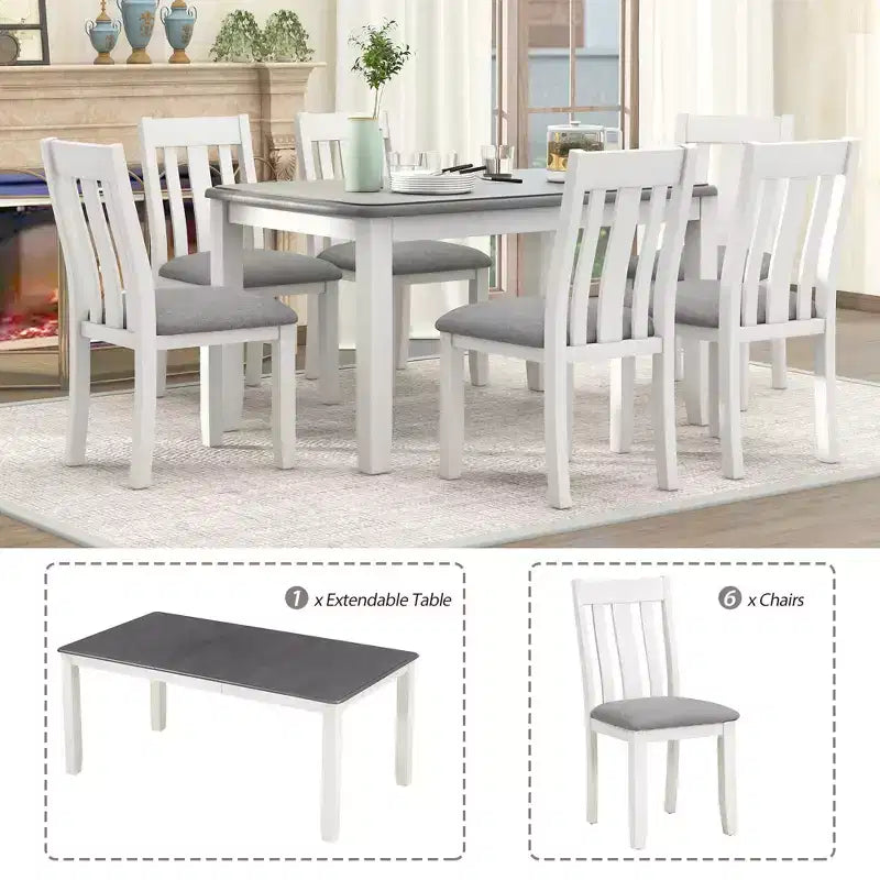Ensemble de salle à manger extensible de style ferme pour 6 personnes, table rectangulaire et 6 chaises rembourrées