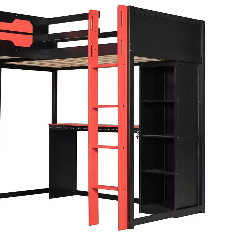 Lit mezzanine de jeu en L avec bureaux, lits superposés doubles avec lumières LED, ports USB, étagères de rangement, lit mezzanine d'angle en bois pour 2 personnes