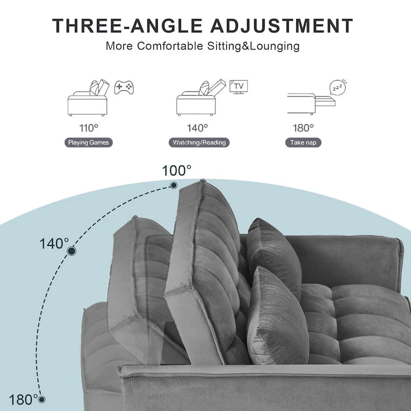 Causeuse futon moderne en velours avec dossier inclinable et poches, 2 places ??Gris foncé / Gris clair / Bleu / Noir