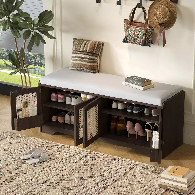 Banc de rangement rustique en bois Whisen, banc à chaussures d'entrée avec coussin amovible, étagères réglables