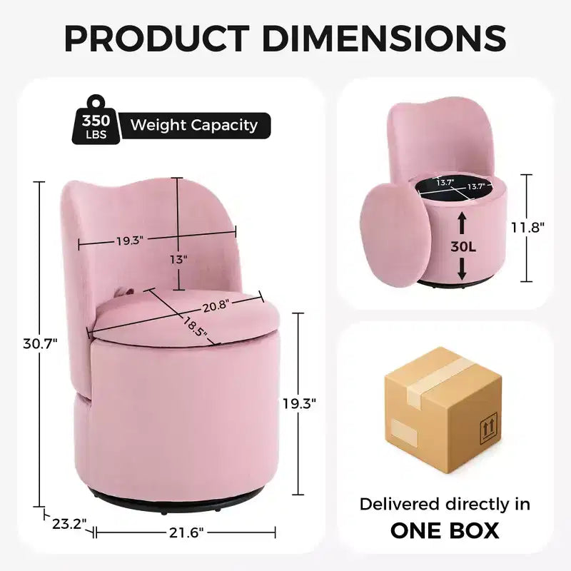 Chaise de vanité pivotante avec rangement, tabouret de maquillage rond rembourré avec dossier, fauteuil d'appoint rembourré doux pour chambre et salon