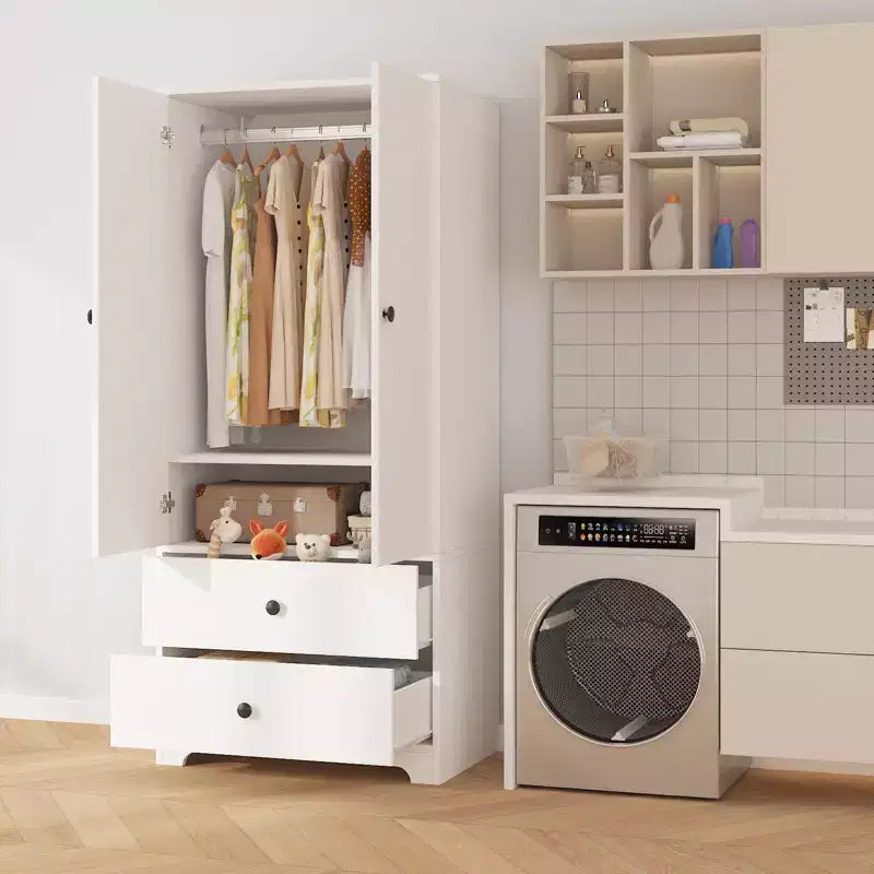 Armoire de chambre moderne en bois de 180 cm avec 2 portes, 2 tiroirs, étagères réglables, armoire de rangement pour vêtements et tringle à vêtements