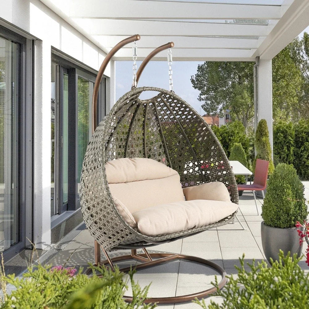 LeisureMod Fauteuil suspendu œuf 2 places avec support - Balançoire / hamac de patio en rotin osier pour extérieur/intérieur avec coussins