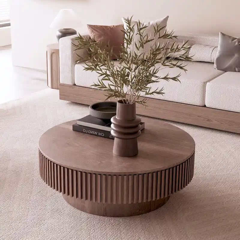Table basse/de salon ronde moderne plaquée en bois massif avec rangement