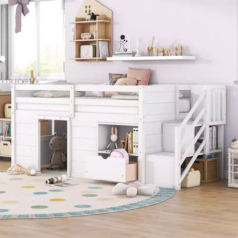 Lit mezzanine jumeau Okak en bois massif avec escalier et rangement, lits superposés jumeaux à profil bas avec tiroirs et étagères, lits mezzanine multifonctionnels pour enfants et adolescents
