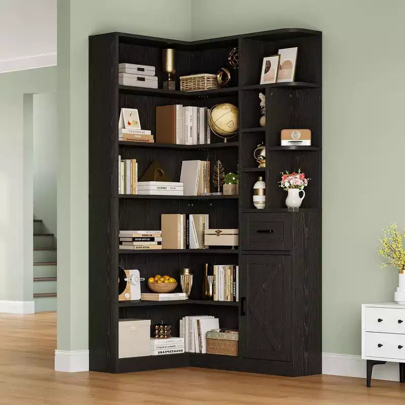 Étagère d'angle, étagères d'angle hautes de 74 po, bibliothèque en L à 6 niveaux avec étagères ouvertes et tiroirs de rangement pour le salon ou le bureau à domicile