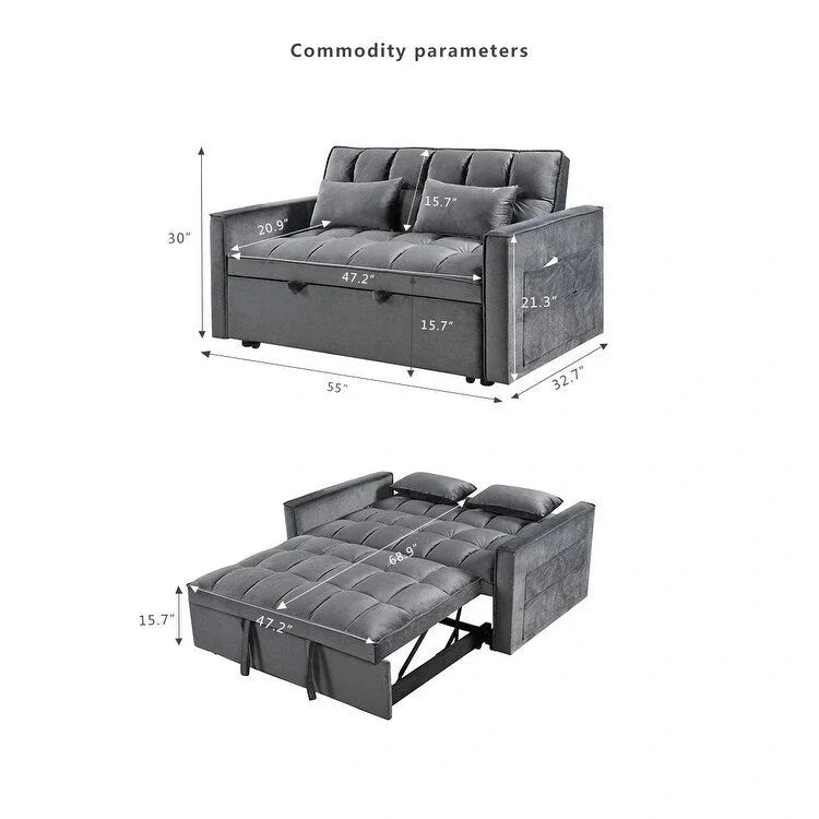 Causeuse futon moderne en velours avec dossier inclinable et poches, 2 places ??Gris foncé / Gris clair / Bleu / Noir