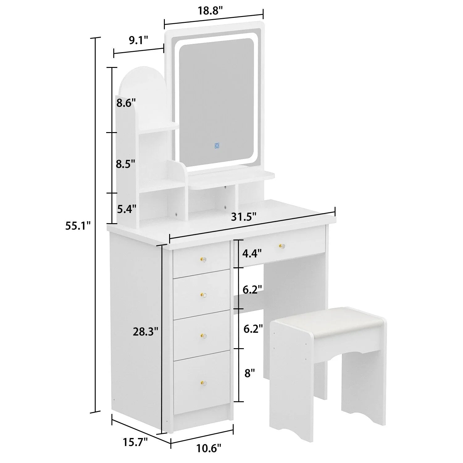 Coiffeuse avec miroir LED intégré et tabouret