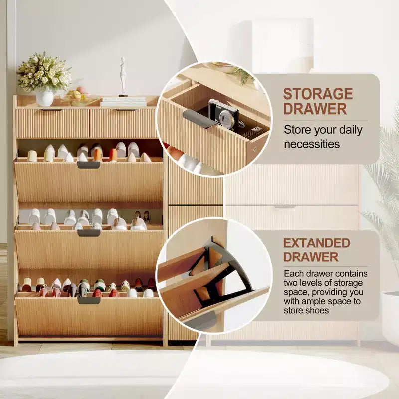 Meuble à chaussures moderne blanc avec 3 tiroirs basculants et 2 petits tiroirs et crochet, organiseur de rangement à chaussures fin cannelé, meuble d'entrée étroit