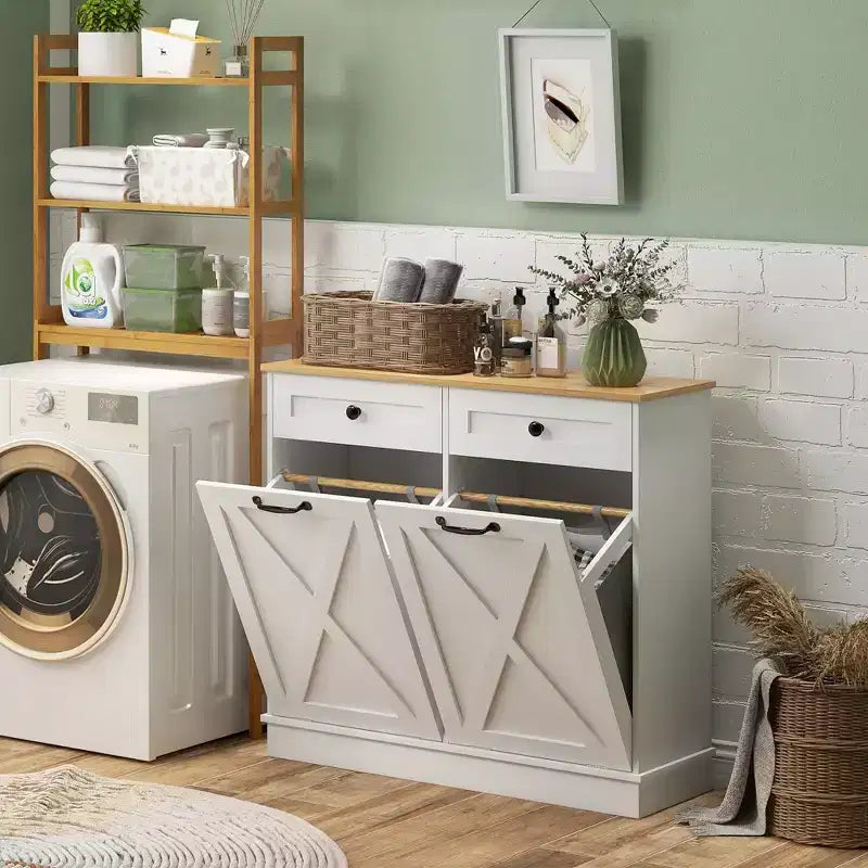 Meuble de salle de bain HOMCOM avec panier à linge basculant, 2 paniers amovibles et 2 tiroirs
