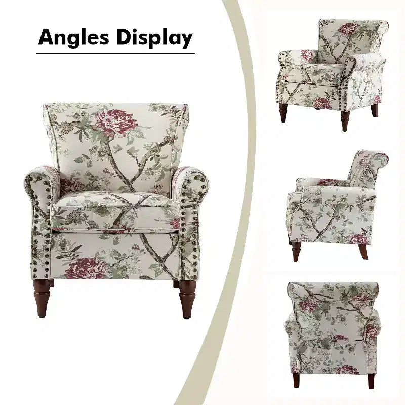 Fauteuil en bois traditionnel Araceli, rembourré à motifs floraux, avec dossier à oreilles et garniture cloutée | ART OF LIVING DESIGNS