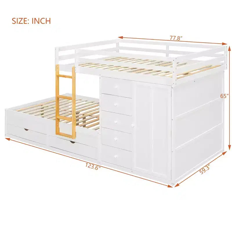 Lit superposé double sur double avec armoire de rangement et tiroirs, lit superposé double en bois peu encombrant avec garde-corps pour appartement, chambre à coucher