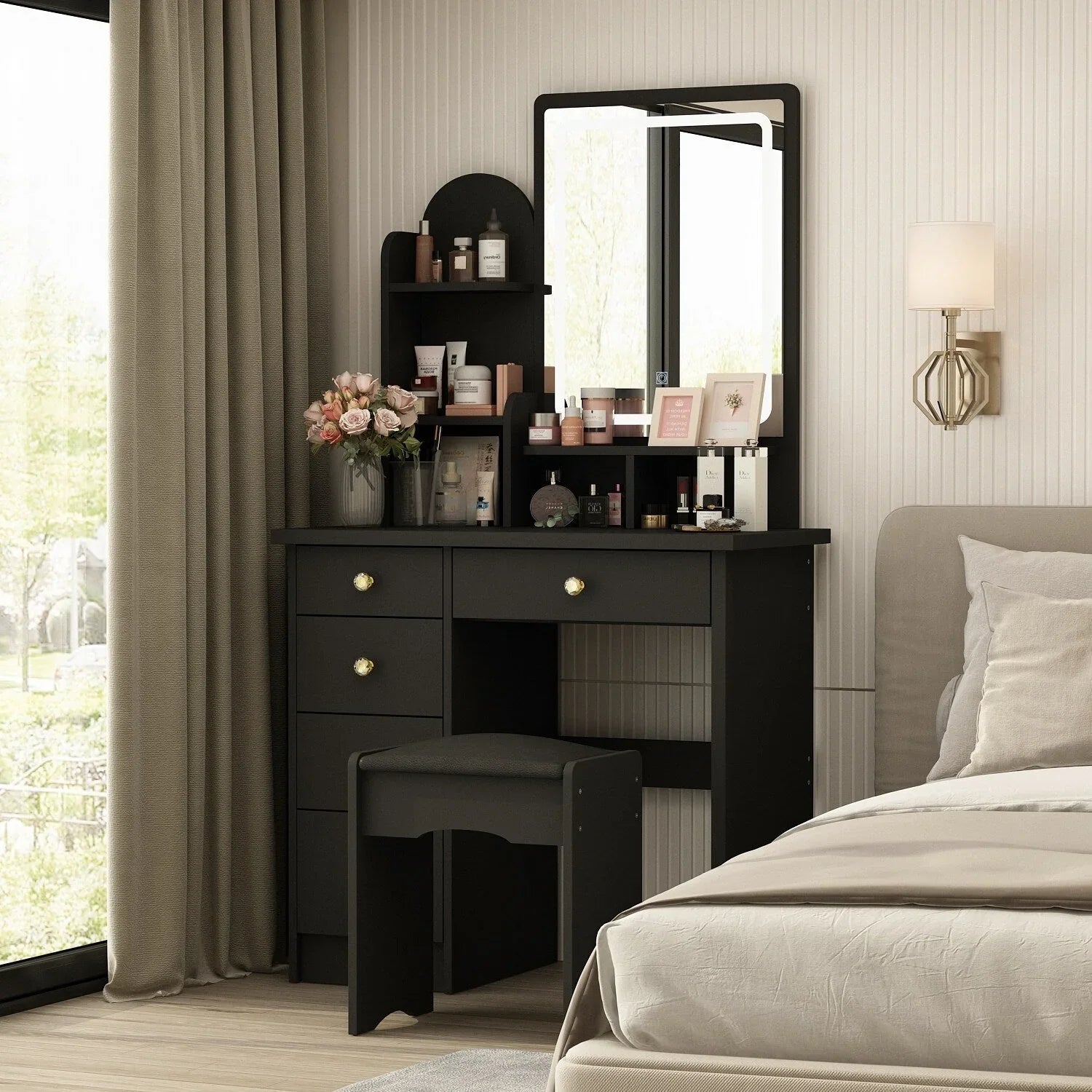 Coiffeuse avec miroir LED intégré et tabouret
