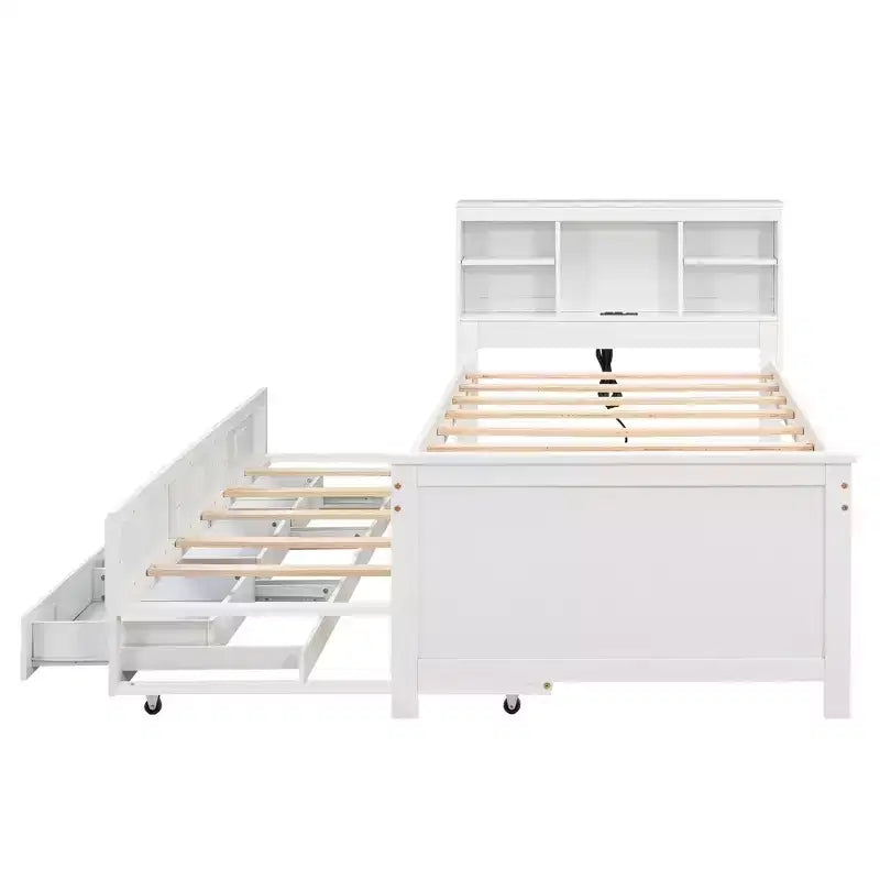 Lit plateforme avec lit gigogne et tiroirs, lit plateforme de rangement avec USB, lit plateforme en bois avec bibliothèque
