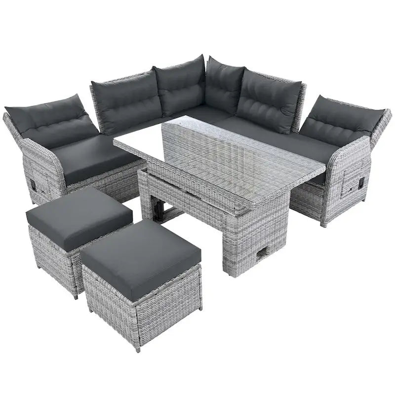 Ensemble de meubles de jardin en rotin avec table réglable, chaises longues et 2 poufs