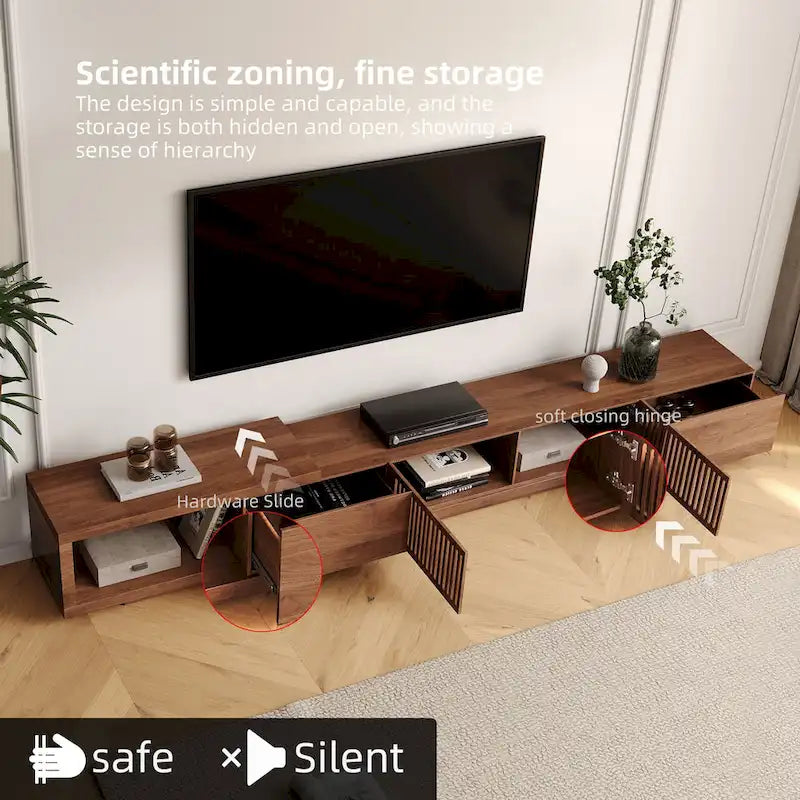 Meuble TV rétractable et extensible moderne avec 4 tiroirs, jusqu'à 261,62 cm - 78,54P x 15,74L x 13,78H