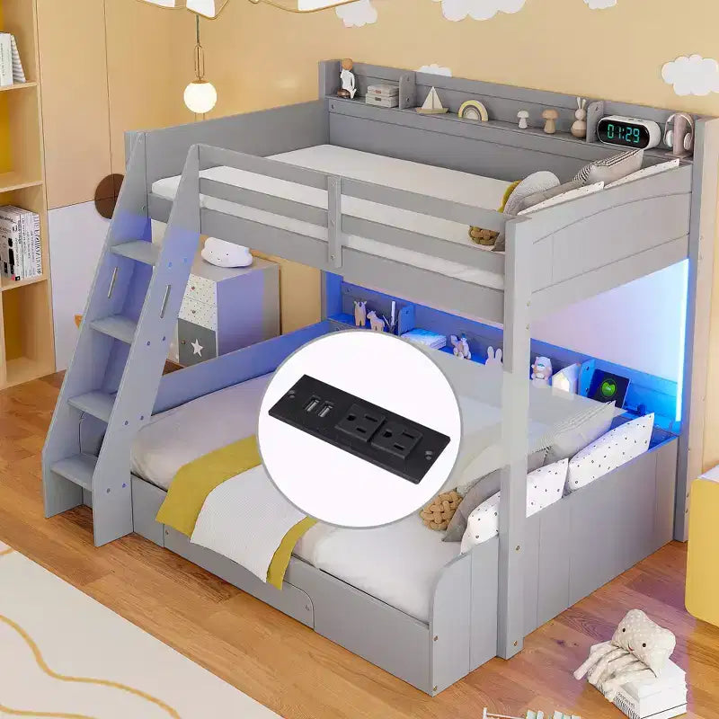 Lit superposé double sur toute la longueur avec rangement, lumières LED et station de charge, lit superposé en bois avec étagères latérales pour enfants et adolescents