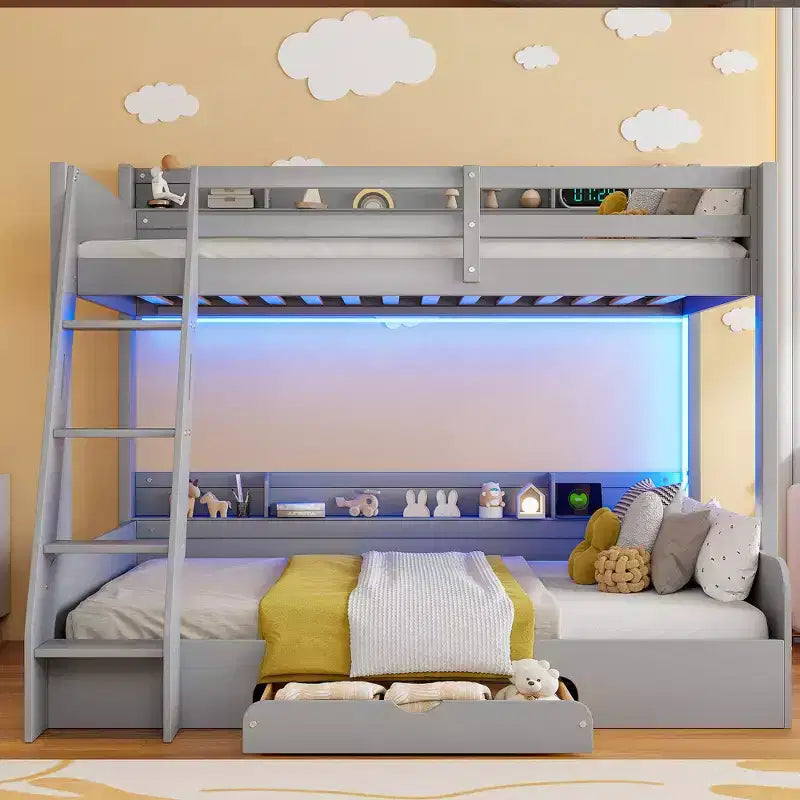 Lit superposé double sur toute la longueur avec rangement, lumières LED et station de charge, lit superposé en bois avec étagères latérales pour enfants et adolescents