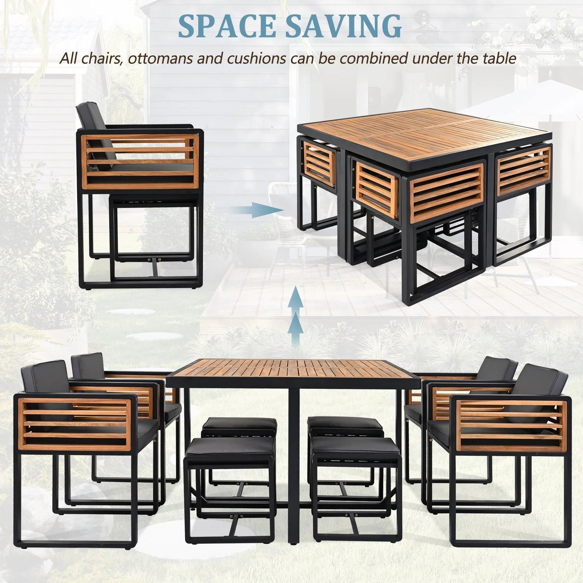 Ensemble de salle à manger d'extérieur 18 pièces en bois d'acacia, 8 chaises rembourrées, 8 poufs et 2 tables carrées