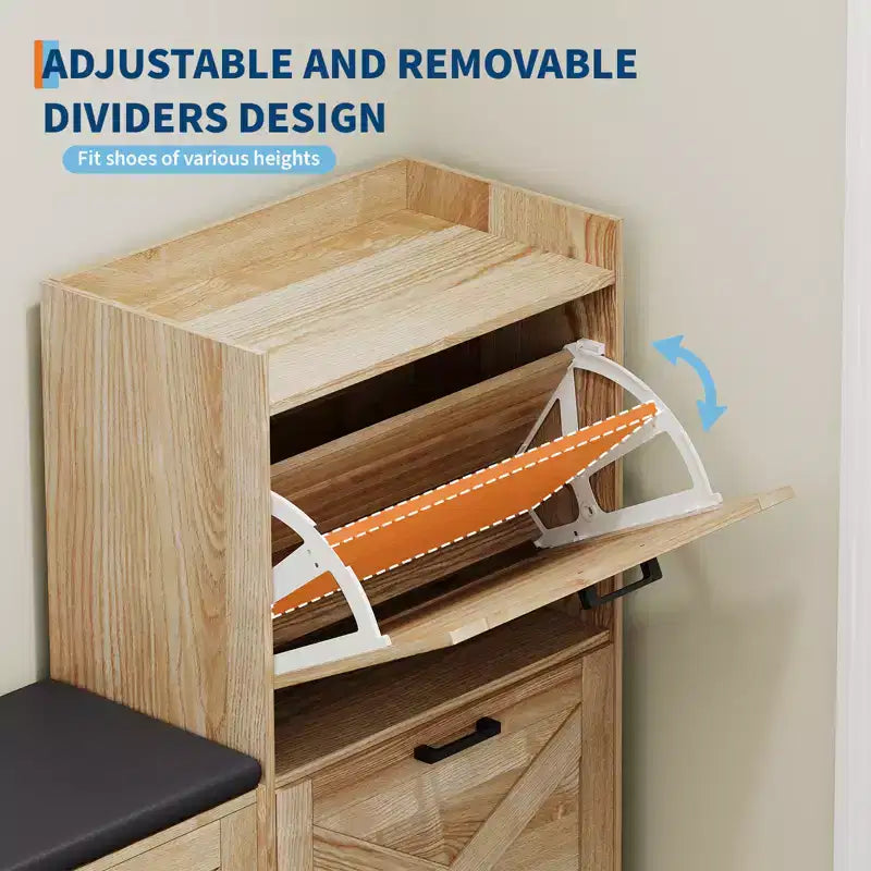 Banc avec 4 tiroirs relevables et coussin de siège rembourré, Étagère à chaussures étroite en bois, Convient pour le banc d'entrée de salon