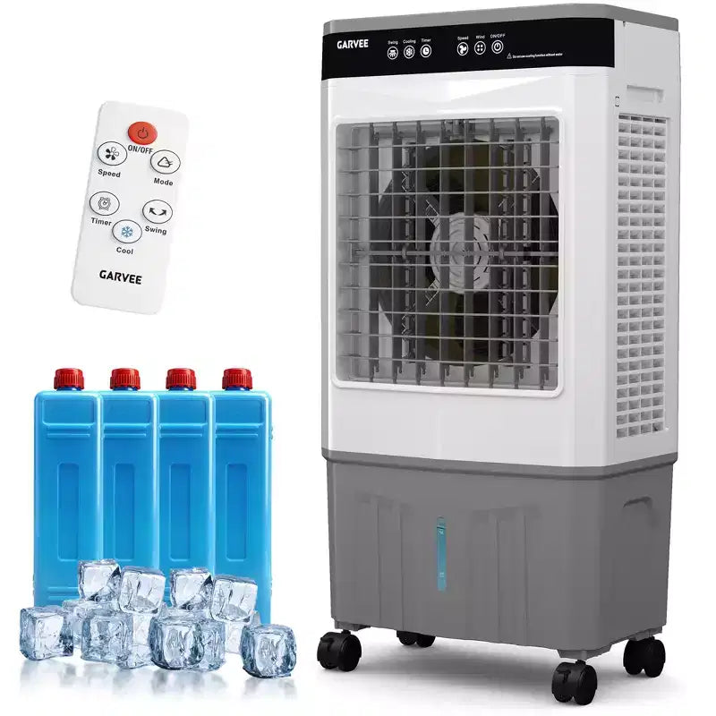 Refroidisseur d'air évaporatif avec réservoir d'eau, 4 pains de glace, 3 vitesses, oscillation à 120°, télécommande et minuterie 12h, 150W Portable sur pied