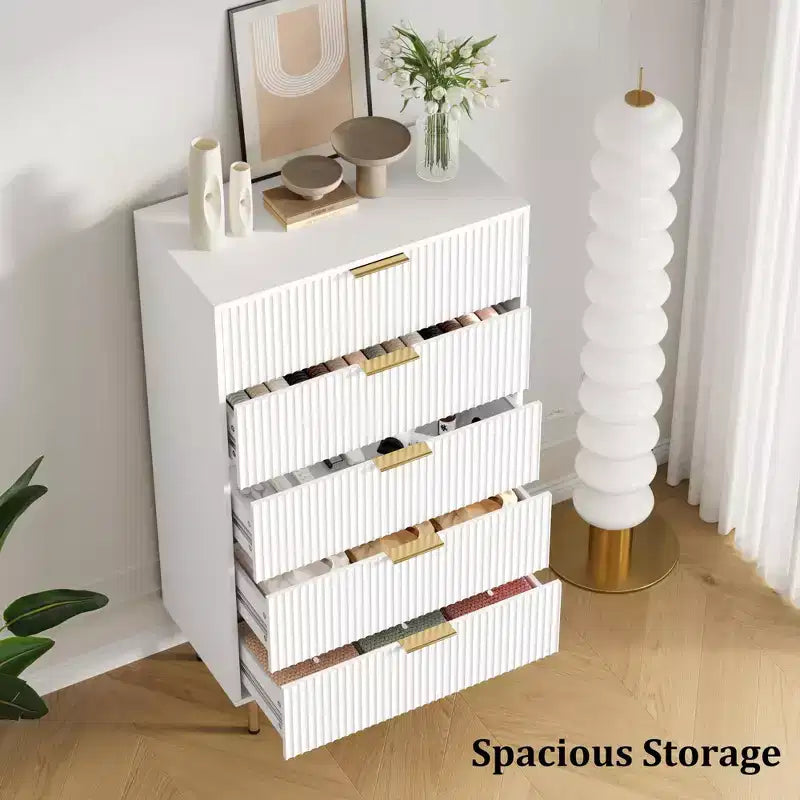 Commode à 5 tiroirs blanche / marbre et bois – Panneau cannelé, pour 1 personne