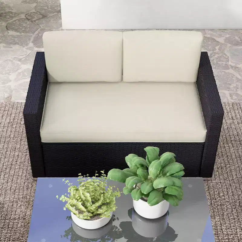 Ensemble de canapés en rotin 4 pièces, ensemble de canapés de patio en osier avec causeuse, chaises et table basse en verre pour jardin extérieur
