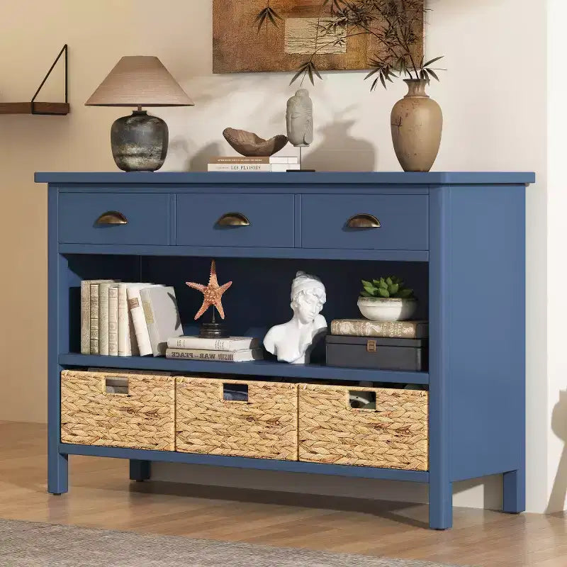 Console de table d'entrée avec rangement, table de couloir de style ferme avec 3 tiroirs et 3 paniers en jacinthe d'eau pour salon ou hall d'entrée - Panipeachy