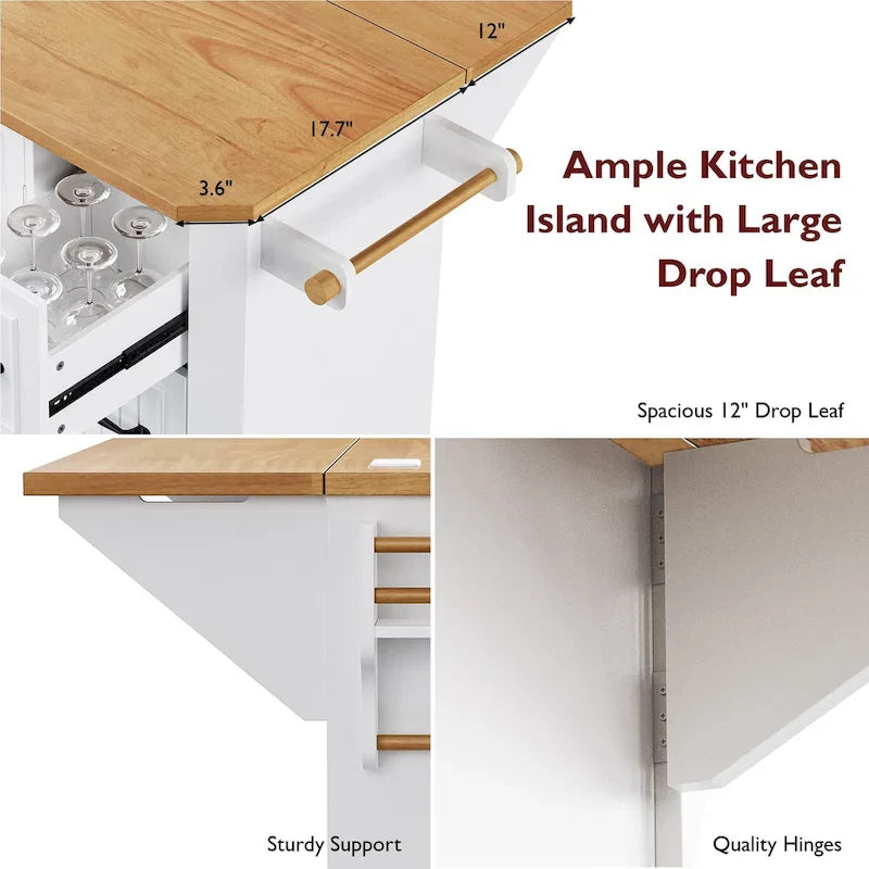 Îlot de cuisine escamotable à abattant, chariot de cuisine à 4 roulettes avec prise de courant, table îlot mobile avec 2 portes et 6 tiroirs