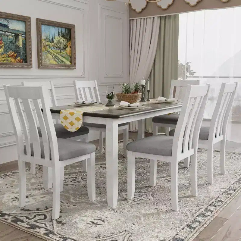 Ensemble de salle à manger extensible de style ferme pour 6 personnes, table rectangulaire et 6 chaises rembourrées