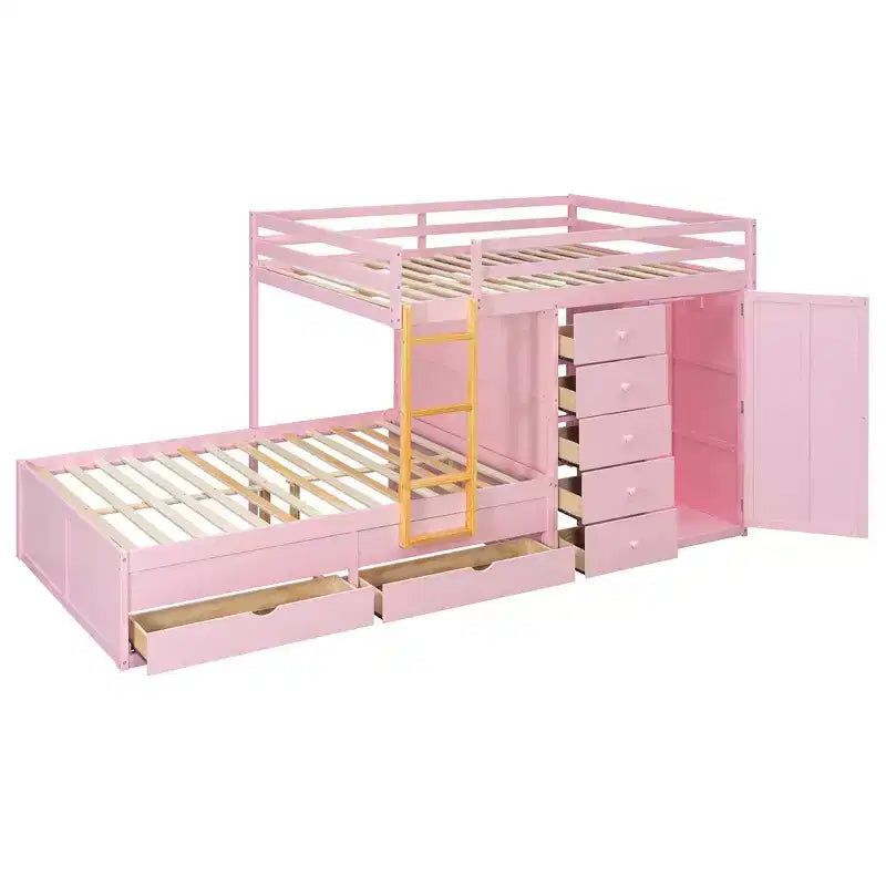 Lit superposé double sur double avec armoire de rangement et tiroirs, lit superposé double en bois peu encombrant avec garde-corps pour appartement, chambre à coucher