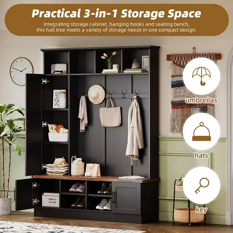 Meuble d'entrée avec banc à chaussures, porte-manteau multifonctionnel avec 6 crochets, porte-manteau de couloir en bois avec rangement à chaussures pour entrée ou salon
