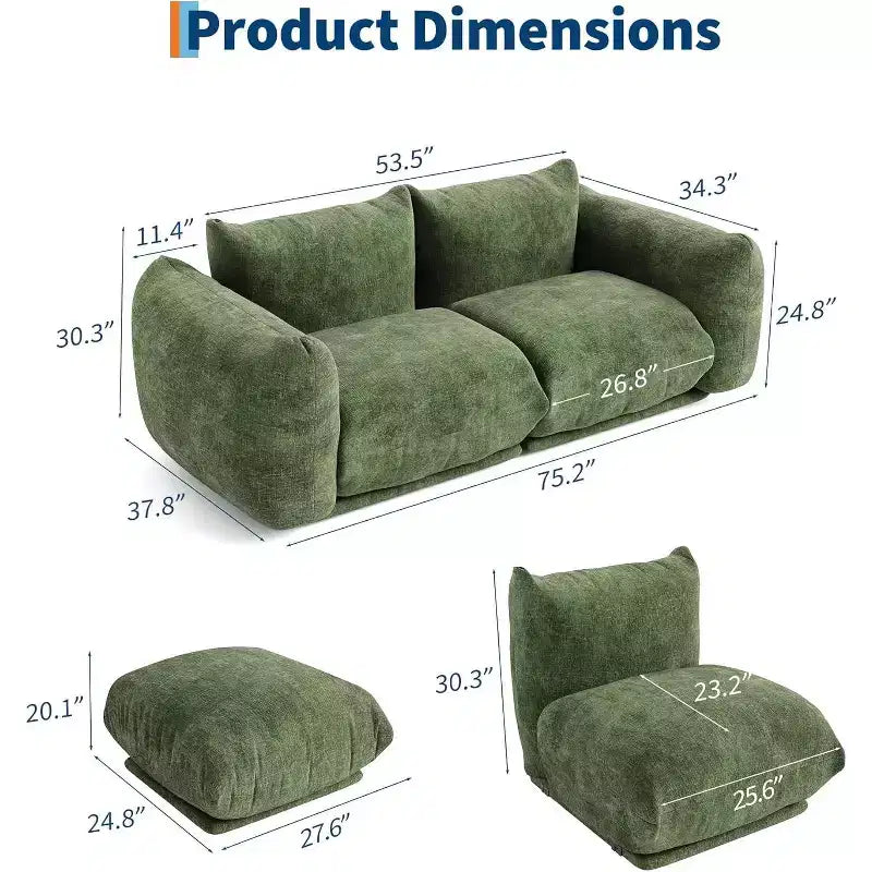 Canapé d'amour modulaire en tissu chenille, canapé nuage 2 places avec éponge haute résilience, canapé sans armature pour petit espace