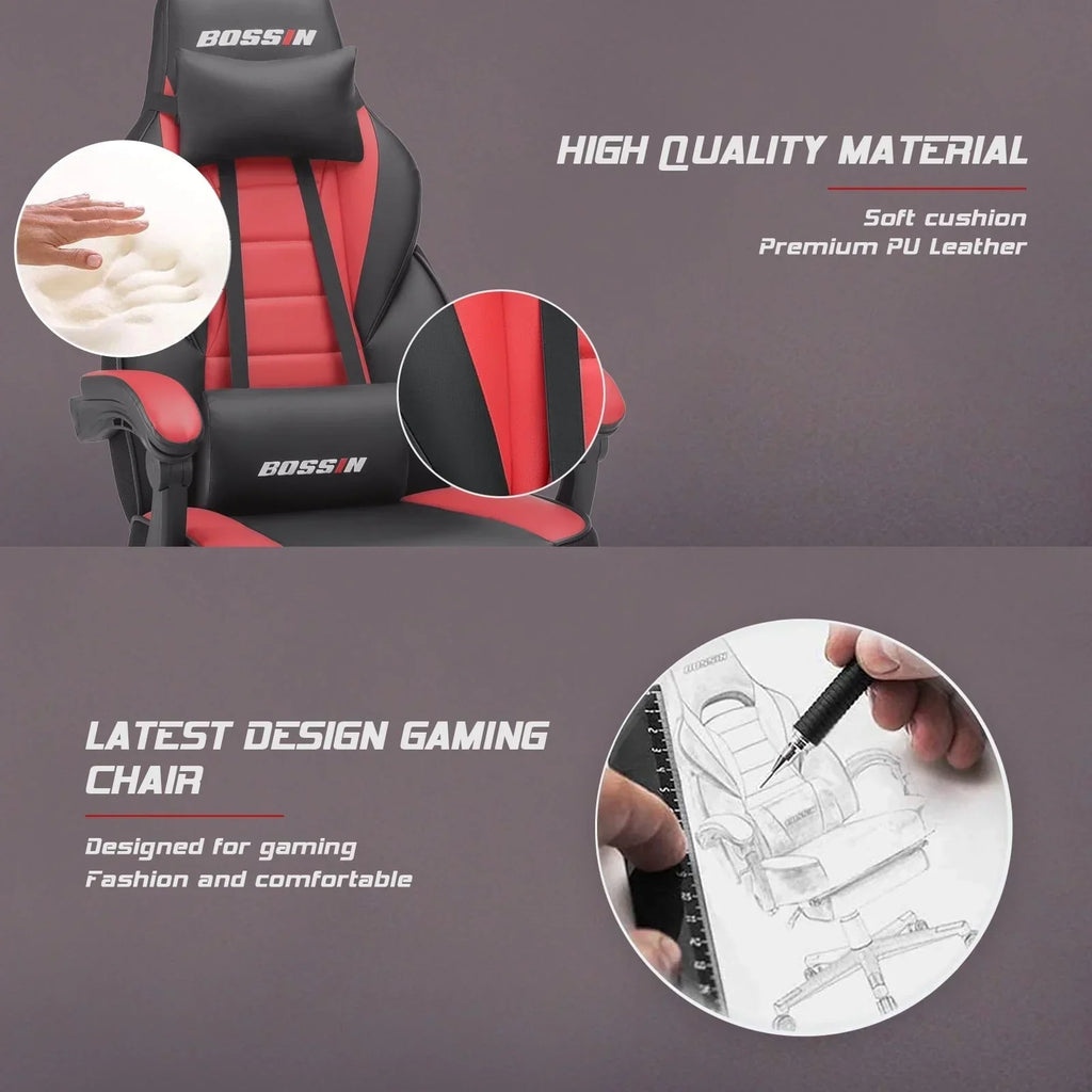 Chaise de jeu style course BOSSIN, fauteuil gamer grande taille 300 lb, chaise d'ordinateur à dossier haut