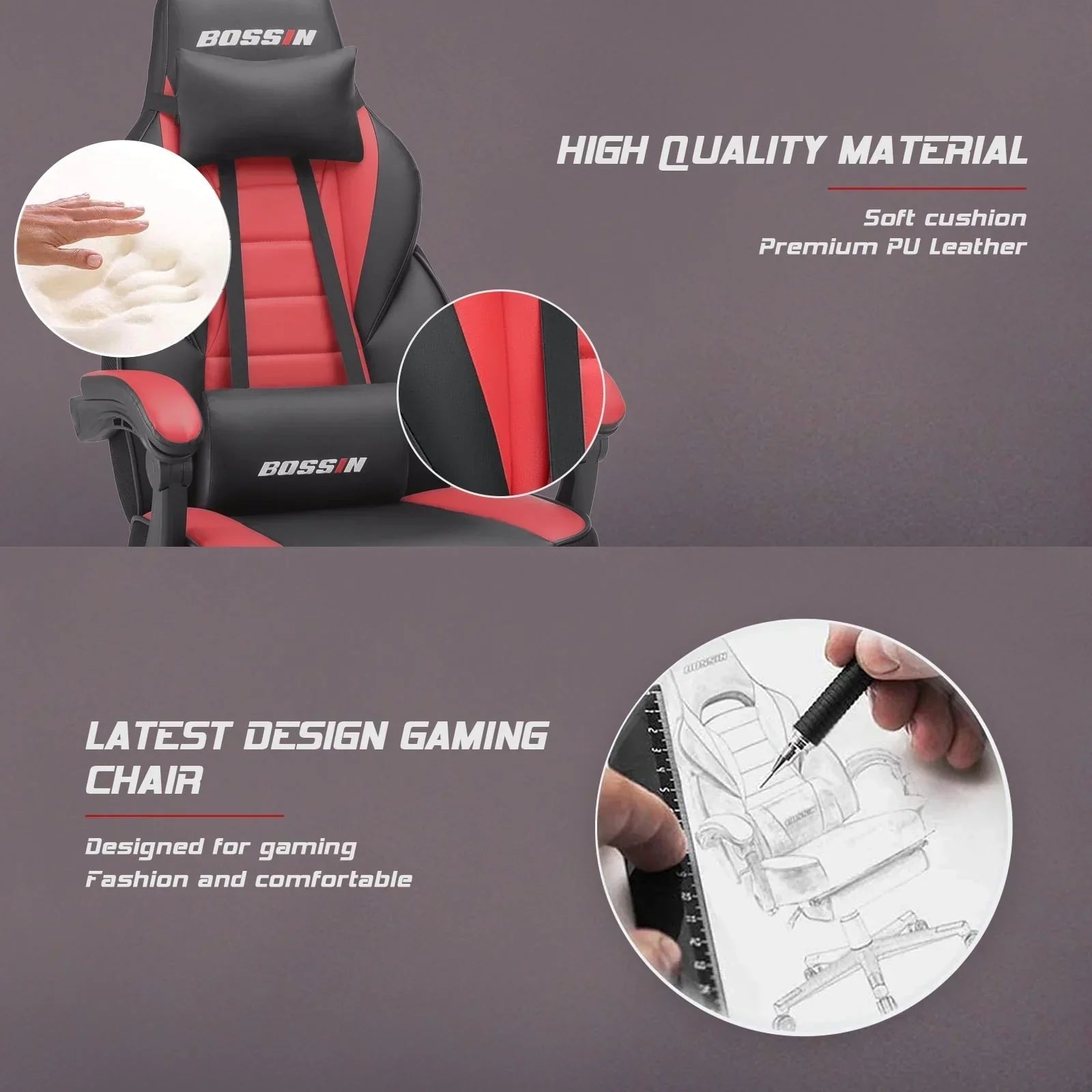 Chaise de jeu style course BOSSIN, fauteuil gamer grande taille 300 lb, chaise d'ordinateur à dossier haut