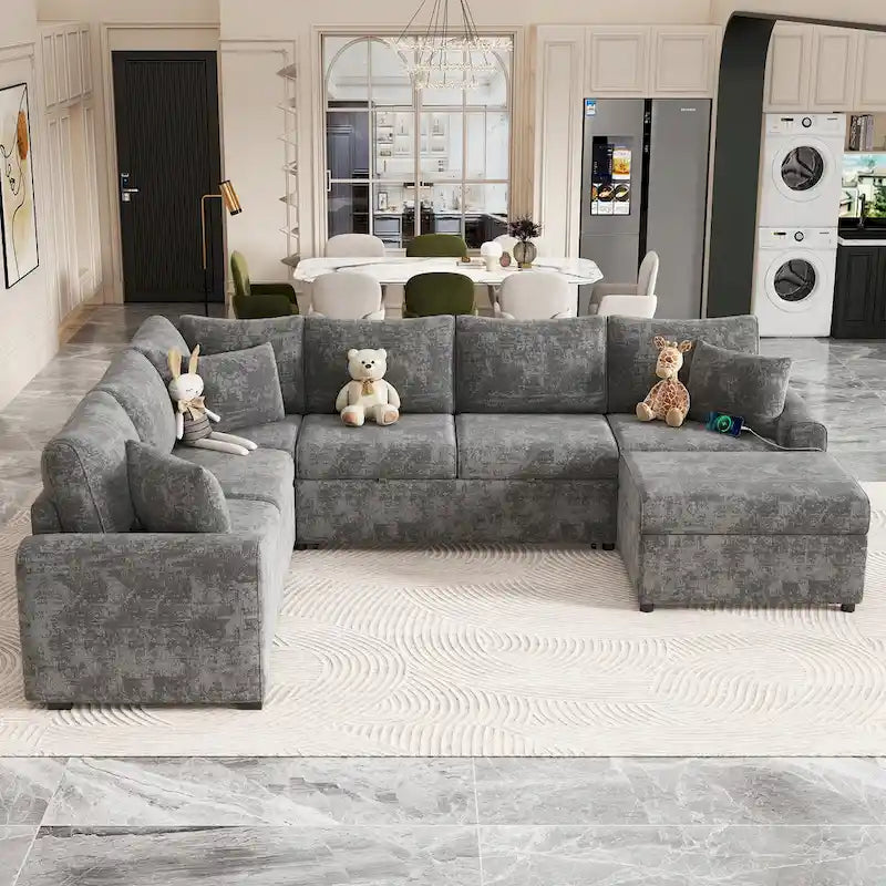 Canapé d'angle en chenille convertible, canapé-lit en forme de L avec pouf de rangement, 3 oreillers et dispositifs de charge