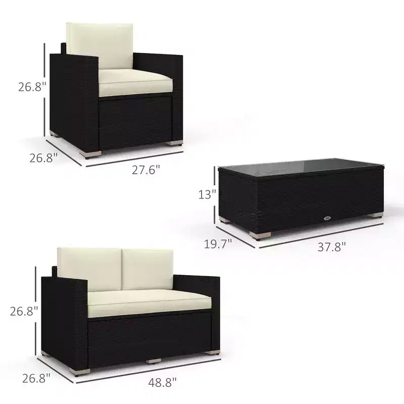 Ensemble de canapés en rotin 4 pièces, ensemble de canapés de patio en osier avec causeuse, chaises et table basse en verre pour jardin extérieur