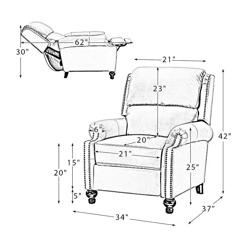 Ensemble de 2 fauteuils inclinables modernes en cuir véritable Elisabete avec garniture cloutée vintage pour salon et chambre à coucher | ART OF LIVING DESIGNS