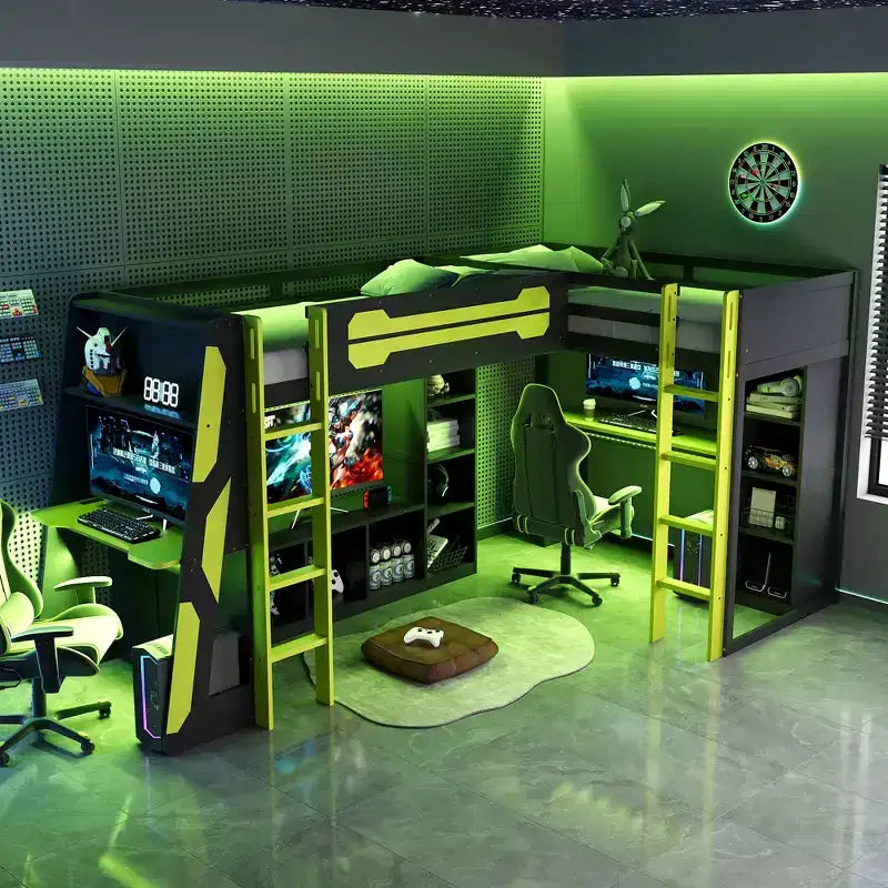 Lit mezzanine de jeu en L avec bureaux, lits superposés doubles avec lumières LED, ports USB, étagères de rangement, lit mezzanine d'angle en bois pour 2 personnes