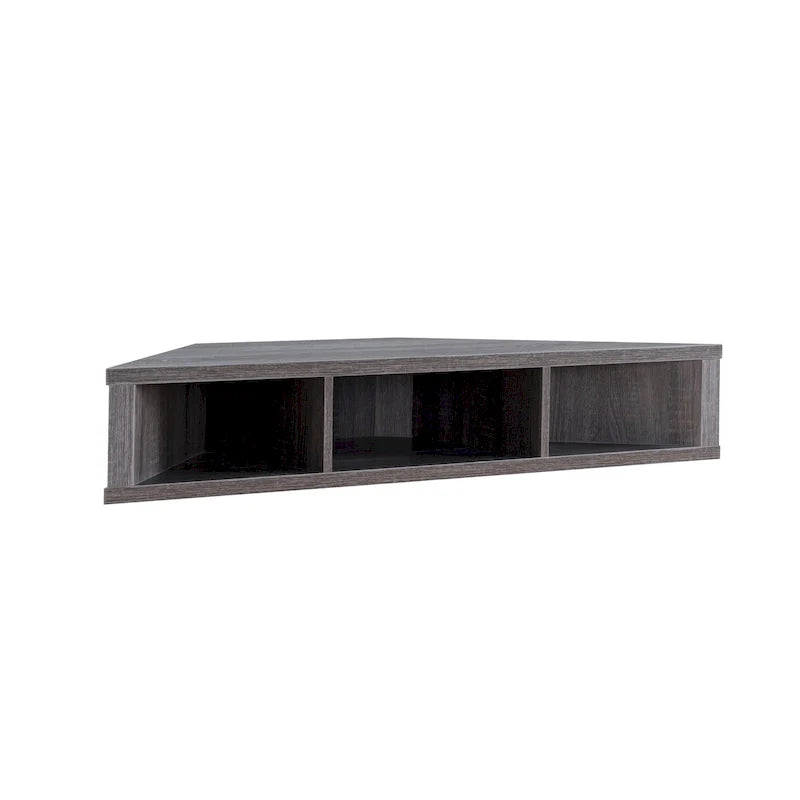 Meuble TV d'angle flottant de 119 cm, 3 étagères, style transitionnel, fixation murale gain de place