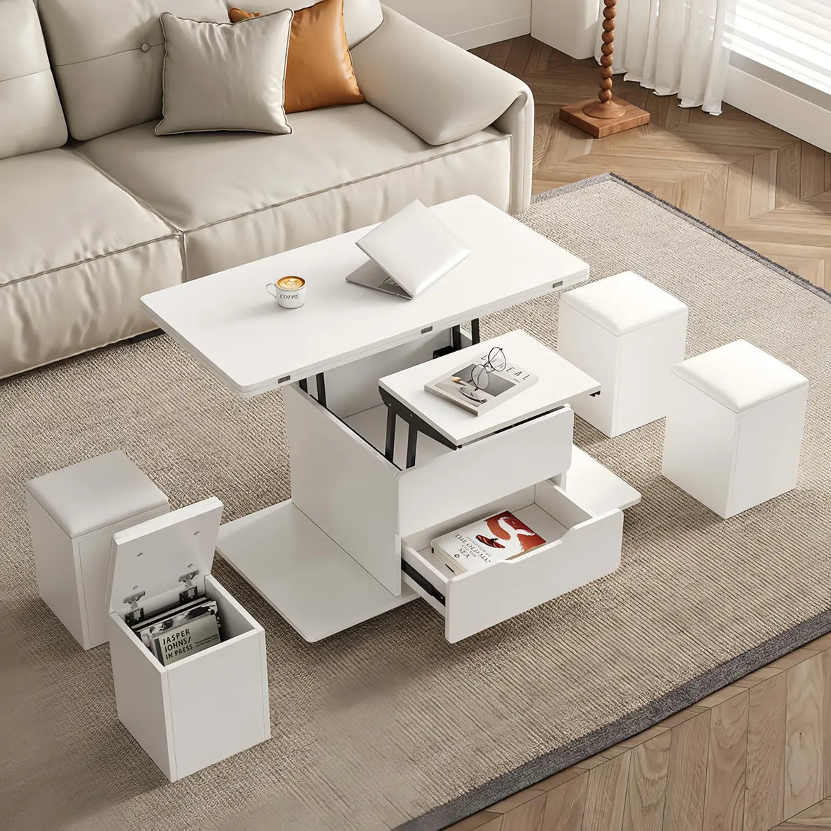 Table basse relevable pliable avec 4 tabourets et rangement