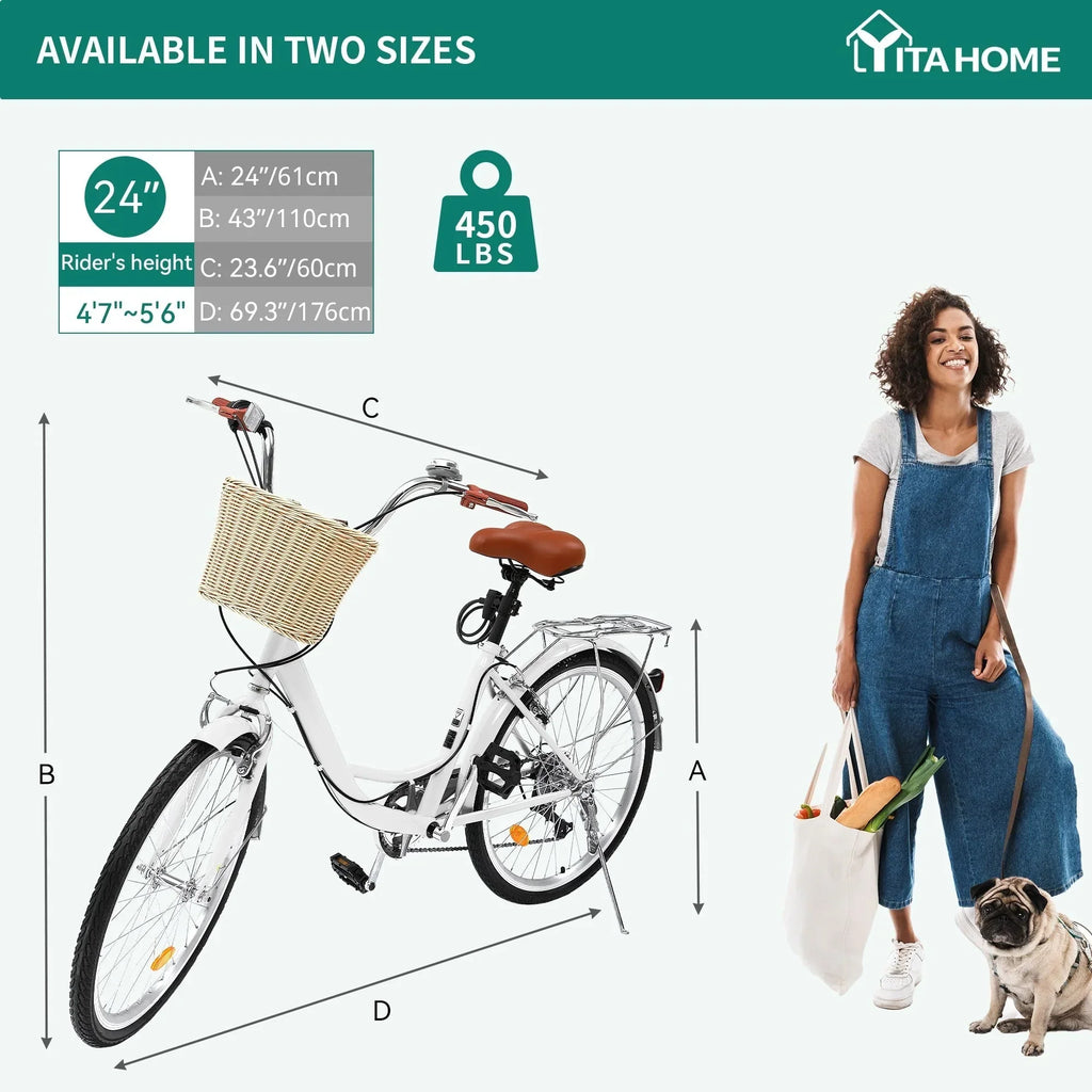 Moasis24/26 Vélo Cruiser 7 Vitesses, Vélo à Cadre Bas Ajustable, Vélo de Ville, Bicyclette