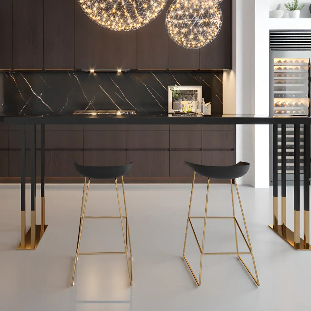 Table de bar rectangulaire de luxe en bois avec base luge dorée pour salle à manger